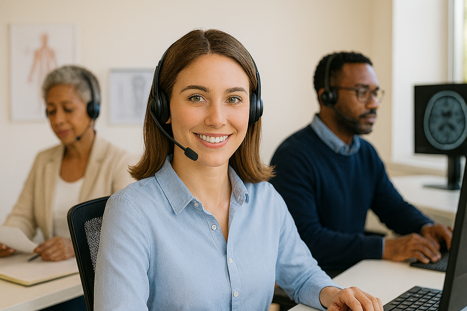 USRad support agent helping patients with medical imaging while MRI scan is visible on monitor