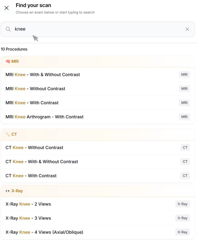 USRad procedure search modal showing MRI Knee options