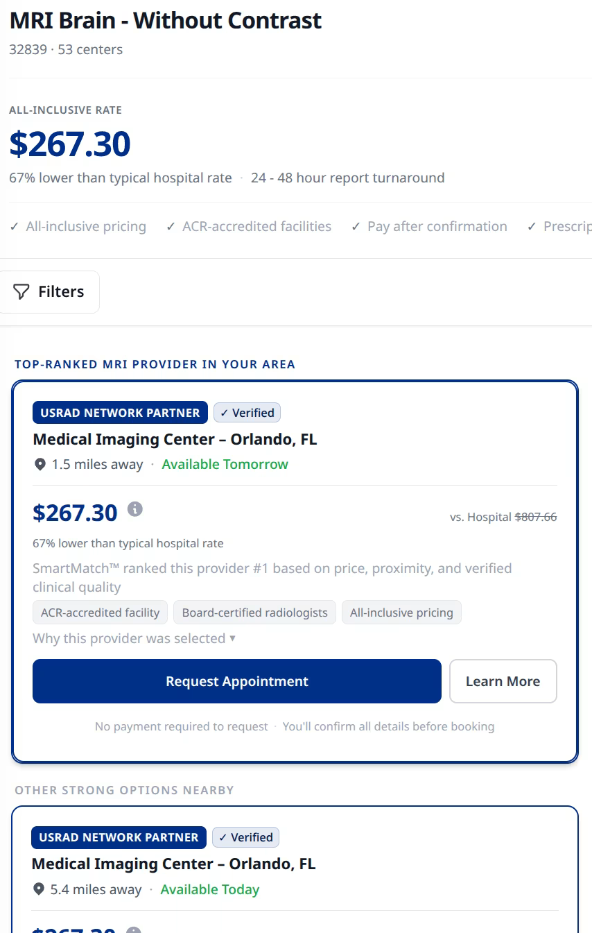 USRad recommendation showing $267.30 pricing with Request Appointment button