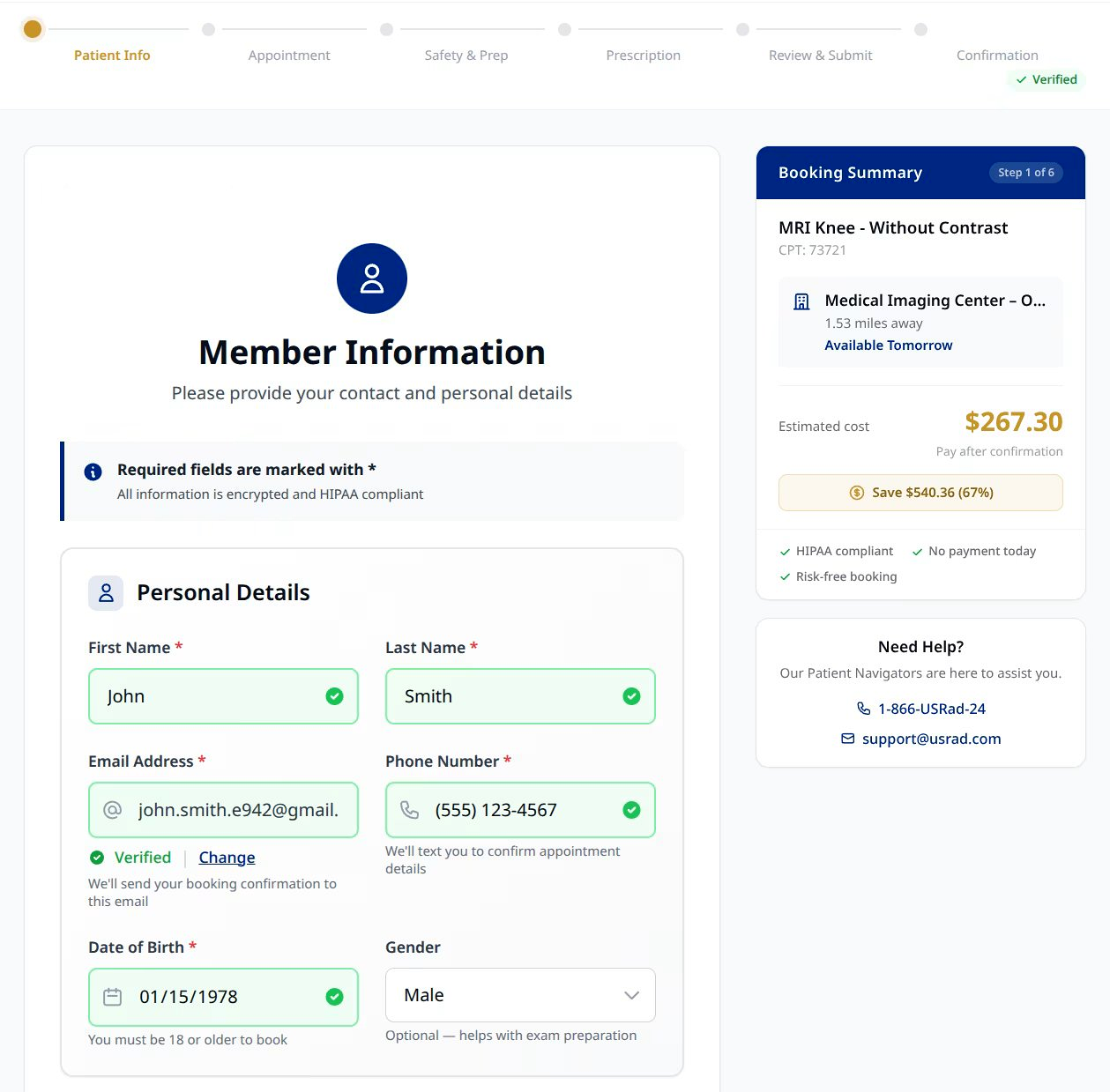 USRad booking form Member Information with verified email and $267.30 booking summary