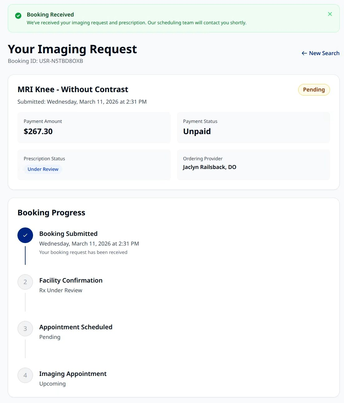 USRad booking tracker showing Booking Submitted and Facility Confirmation in progress
