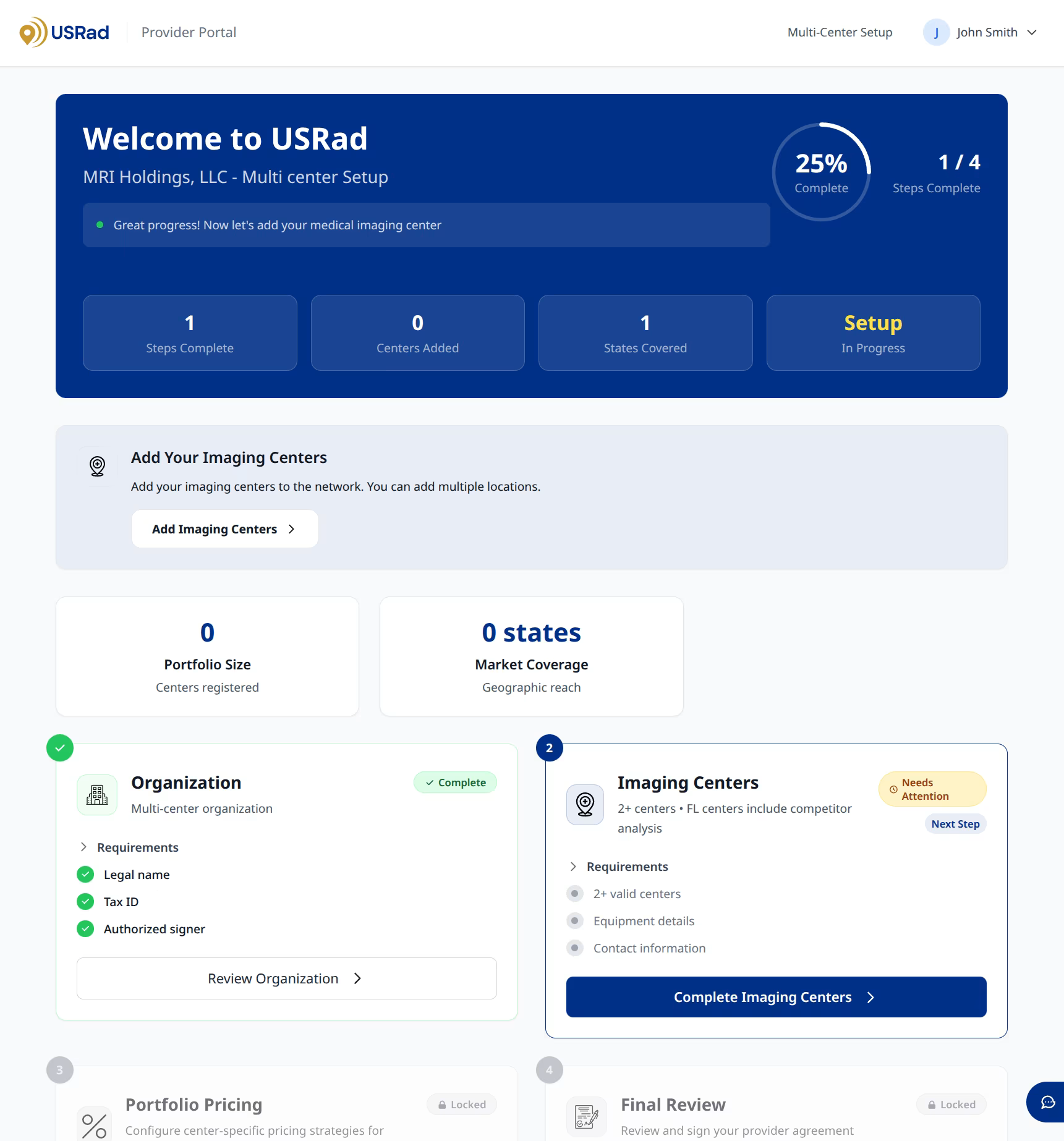 USRad Provider Portal — onboarding dashboard showing 4-step progress with Organization complete and Facilities as next step