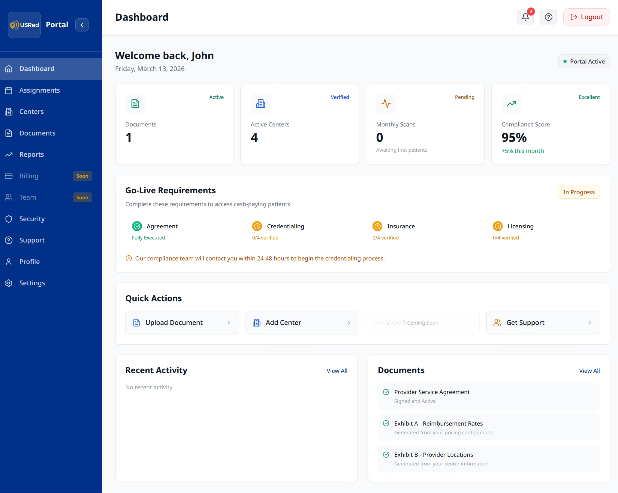 USRad Provider Portal — dashboard showing Go-Live Requirements with Service Agreement complete and Credentialing in progress
