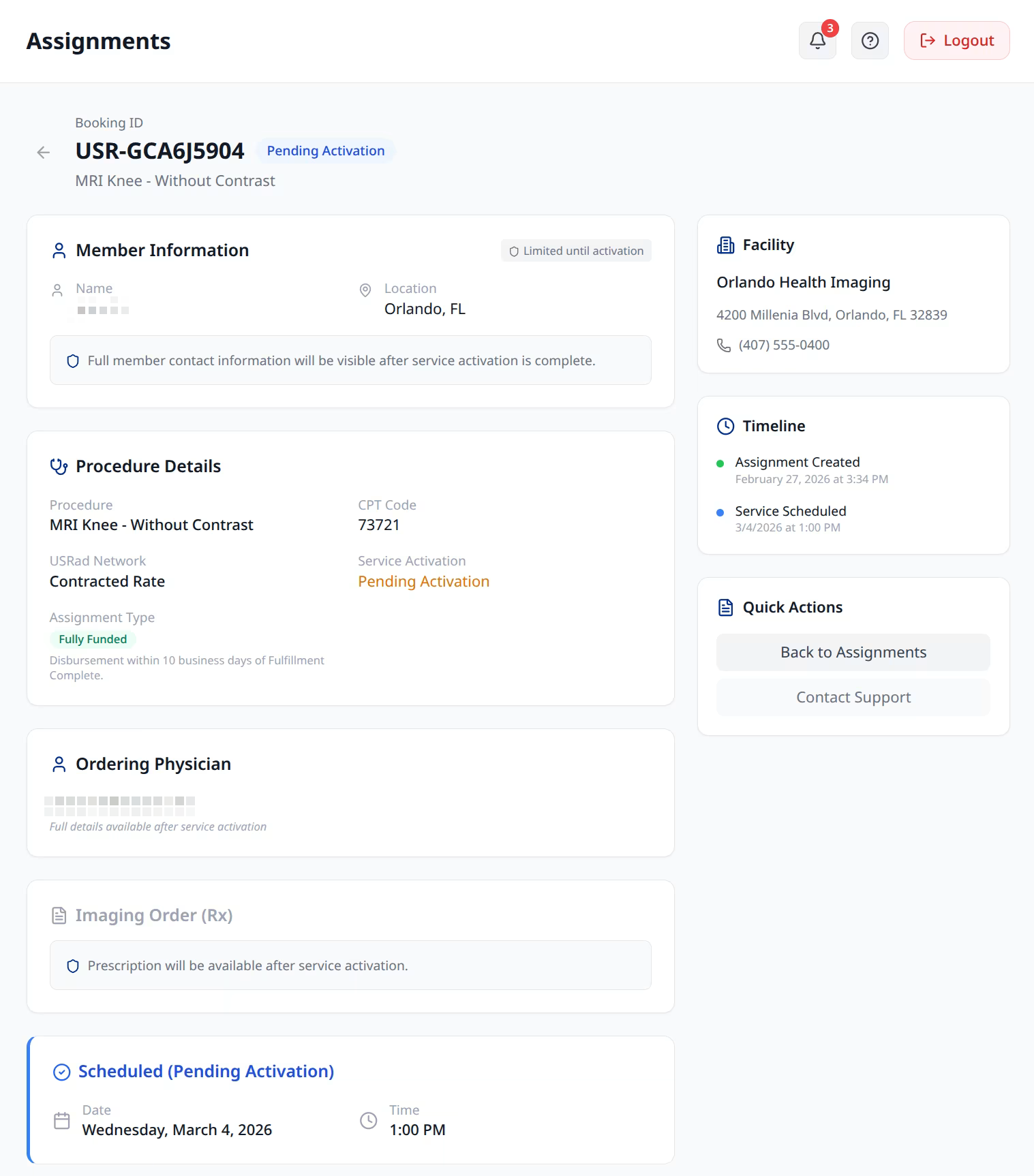 USRad Provider Portal — assignment detail showing procedure, service activation status, and authorization code