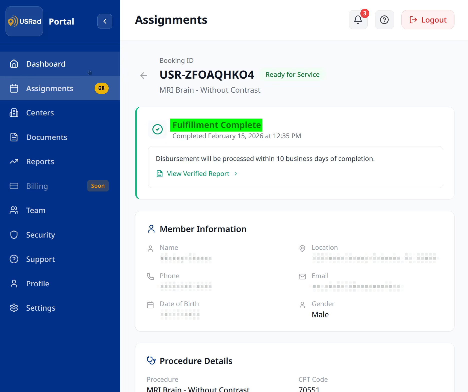USRad Provider Portal — Fulfillment Complete status with 10-day disbursement confirmation